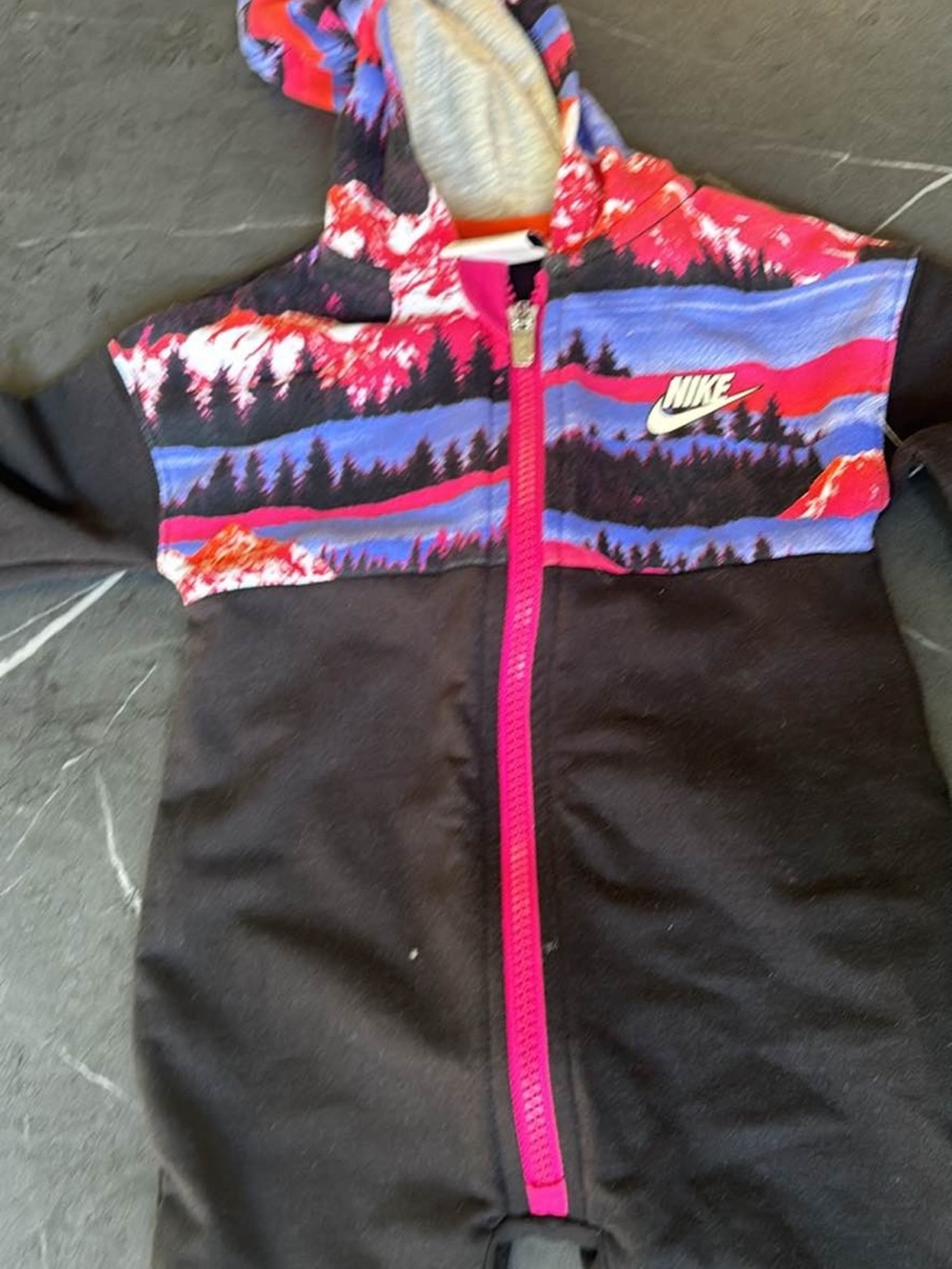 Nike Kids Black Hooded Puffer Jacket with Pink & Purple Scenic Panels